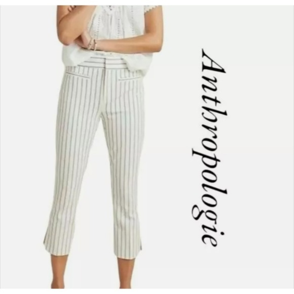 Anthropologie Pants Trousers Crop 6 Cream Blue Pinstripe Essential Slim Nautical